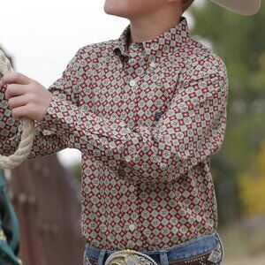 Cinch Boy's Long Sleeve Printed Western Button Shirt Khaki/Red